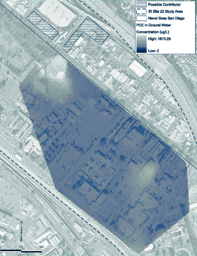 Figure 1.The updated NBSD CSM reflects ground water with PCE concentrations exceeding 1,600 &micro;g/L, as a result of contaminant plume migration from an adjacent commercial facility.