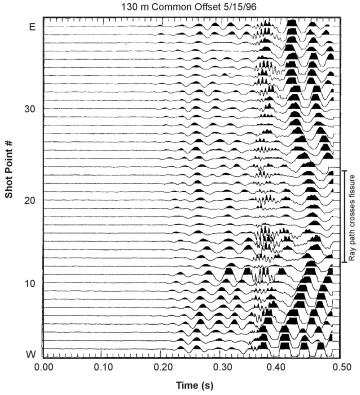 Data from a Rayleigh wave survey over a void/fracture zone.