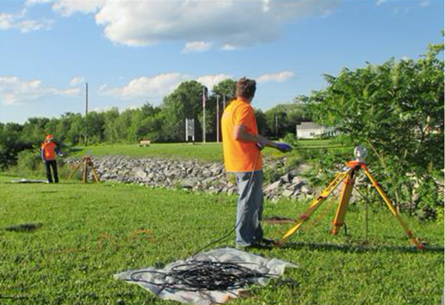 Figure 8. Cross-hole collection of GPR data; a receiver is deployed down one well and a transmitter is deployed down an adjacent well (USGS).