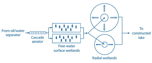 Figure 3. Following ground-water pumping, dissolved-phase hydrocarbons are removed through a series of cascade aeration and engineered wetland filtering steps typically taking 2.4 days.