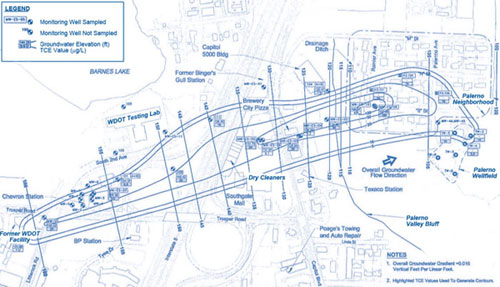 Figure 4. The plume of TCE follows the direction of groundwater flow from the former WDOT facility until it is captured by the Palermo Wellfield.