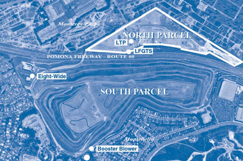Figure 2. The Operating Industries, Inc. Superfund site is divided into two parcels by the Pomona Freeway; the LFGTS and LTP are located in the north parcel.