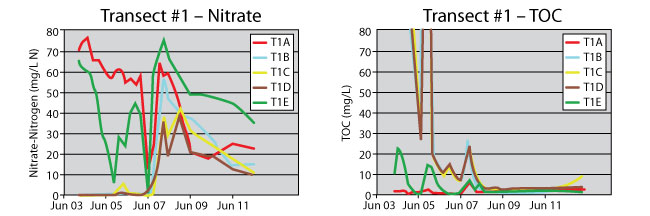 Transect #1 groundwater nitrate and TOC profiles in upgradient (T1A), within-PRB (T1B, T1C, T1D) and downgradient (T1E) wells.