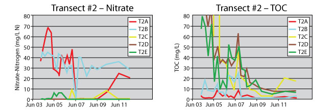 Transect #2 groundwater nitrate and TOC profiles in upgradient (T2A, T2B), within-PRB (T2C, T2D) and downgradient (T2E) wells.