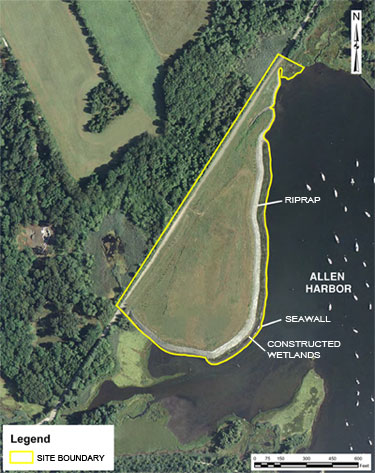 Allen Harbor Landfill boundary and its proximity to Allen Harbor. Riprap protects the landfill face.