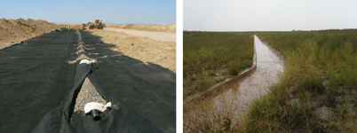 Broken-back design and low-slope drainage provided by 6-inch-diameter slotted pipe secured beneath 4 feet of soil overlain by concrete channeling; the September stormwater drained effectively through the channels, despite heavy saturation of surrounding soil.