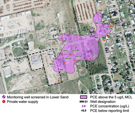 East 67th Street site map illustrating the PCE plume (exceeding the 5 µg/L drinking water limit) based on June 2013 sampling data