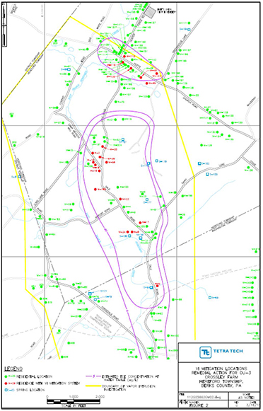 Mapping of estimated TCE concentrations at water table and locations of associated vapor intrusion at residences.