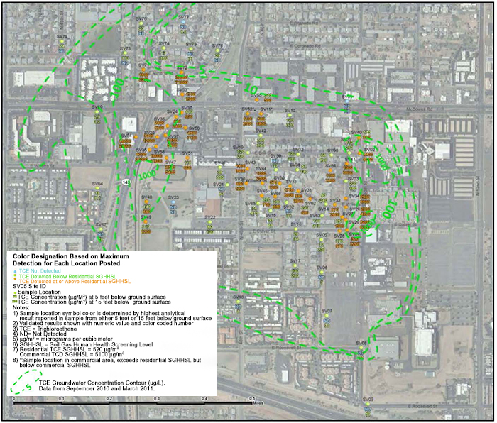 Overlay of OU1 TCE soil gas results (ug/m) and groundwater concentration contours (ug/L).