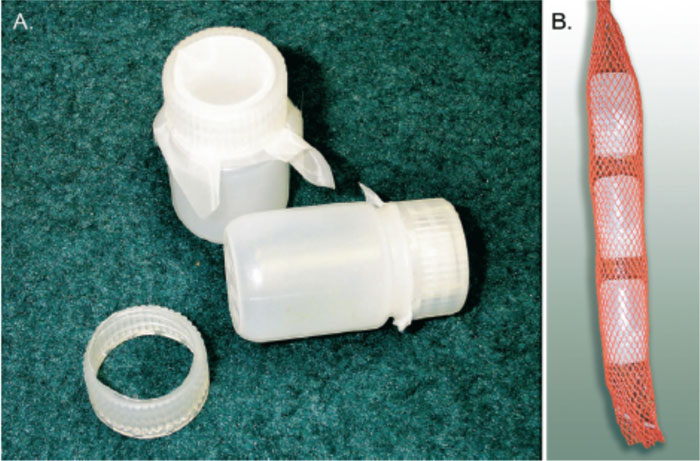 Figure 1. Nylon Screen Secured on (A) Open-Top Jar, and (B) Three Jars in Low-Density Polyethylene Mesh (Source: Vroblesky 2002)
