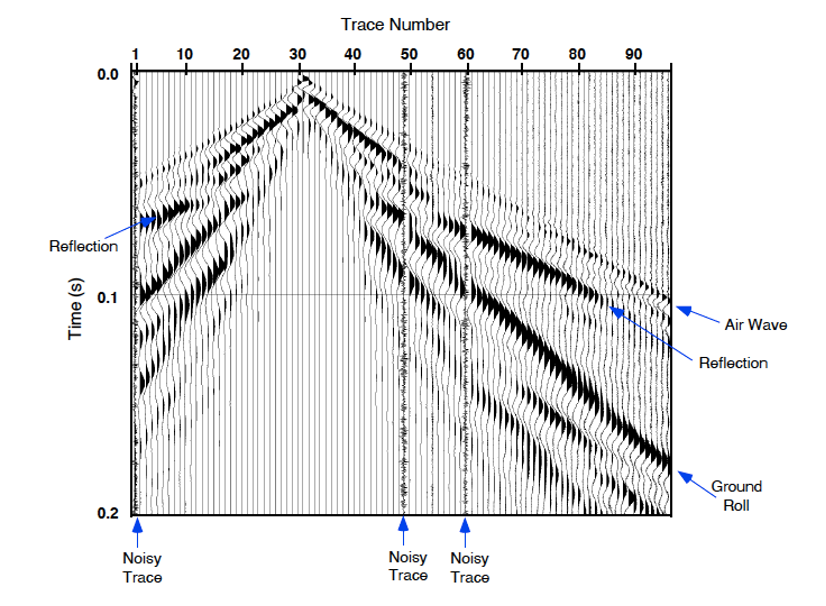 Figure 14. An evaluation of the seismic data in a trace shows some random noise and true reflections (Baker 1999). An