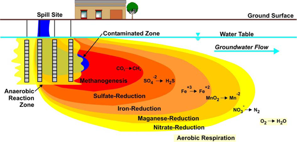 Figure 2. Anaerobic microbes use electron acceptors in preferential order: nitrate, manganese, ferric iron oxyhydroxides, sulfate, and carbon dioxide (Source: Parsons 2004).